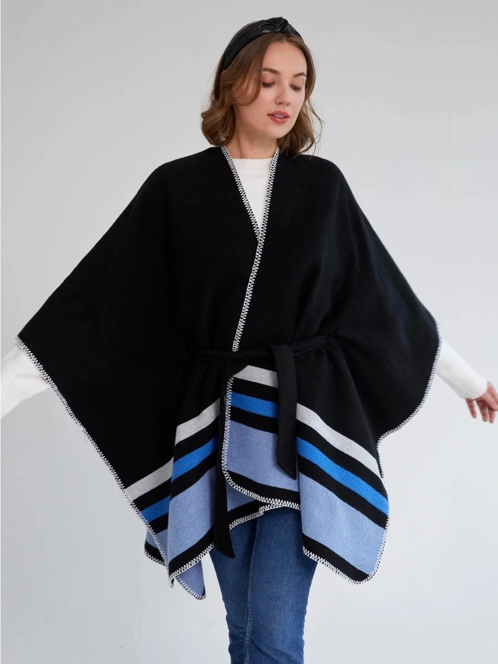 Shiraleah Twila Belted Cape Poncho Black Blue Stripe Stitch Detail
